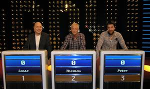 Jeopardy! Fr v Lasse Karlsson, Thomas Järvheden och Peter Magnusson. Foto: Tora Svensson/TV4